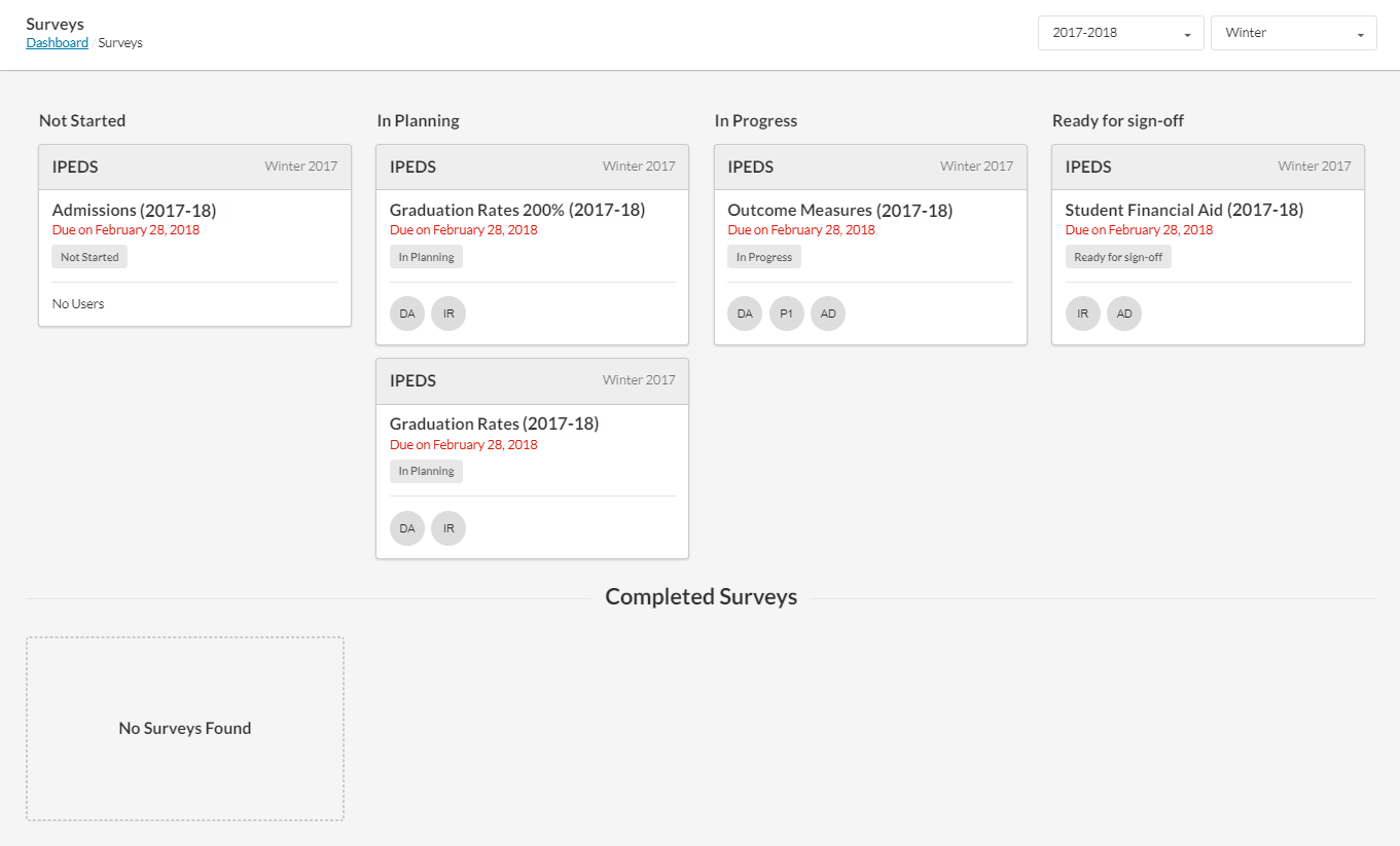 Surveys screen showing surveys in various statuses from Not Started to Ready for Sign-Off.